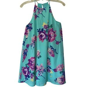 Everly Aqua Blue Floral Halter Trapeze Mini Dress Small Purple Pink Flower Print